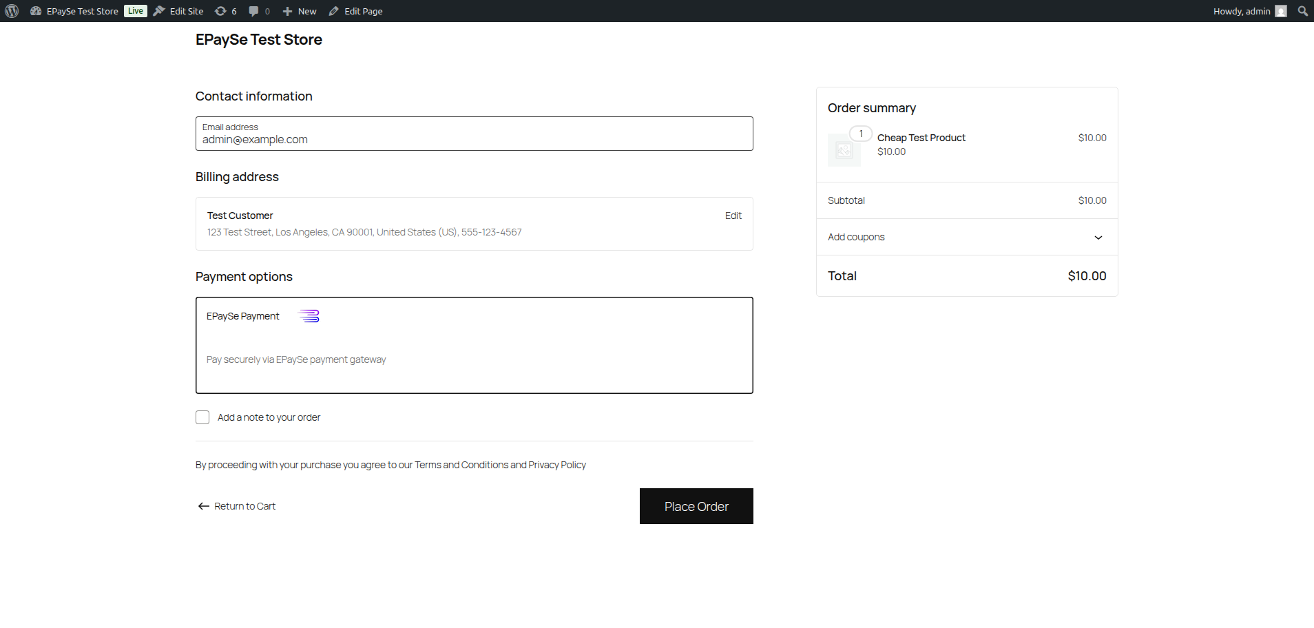 WooCommerce checkout page showing EPaySe payment option