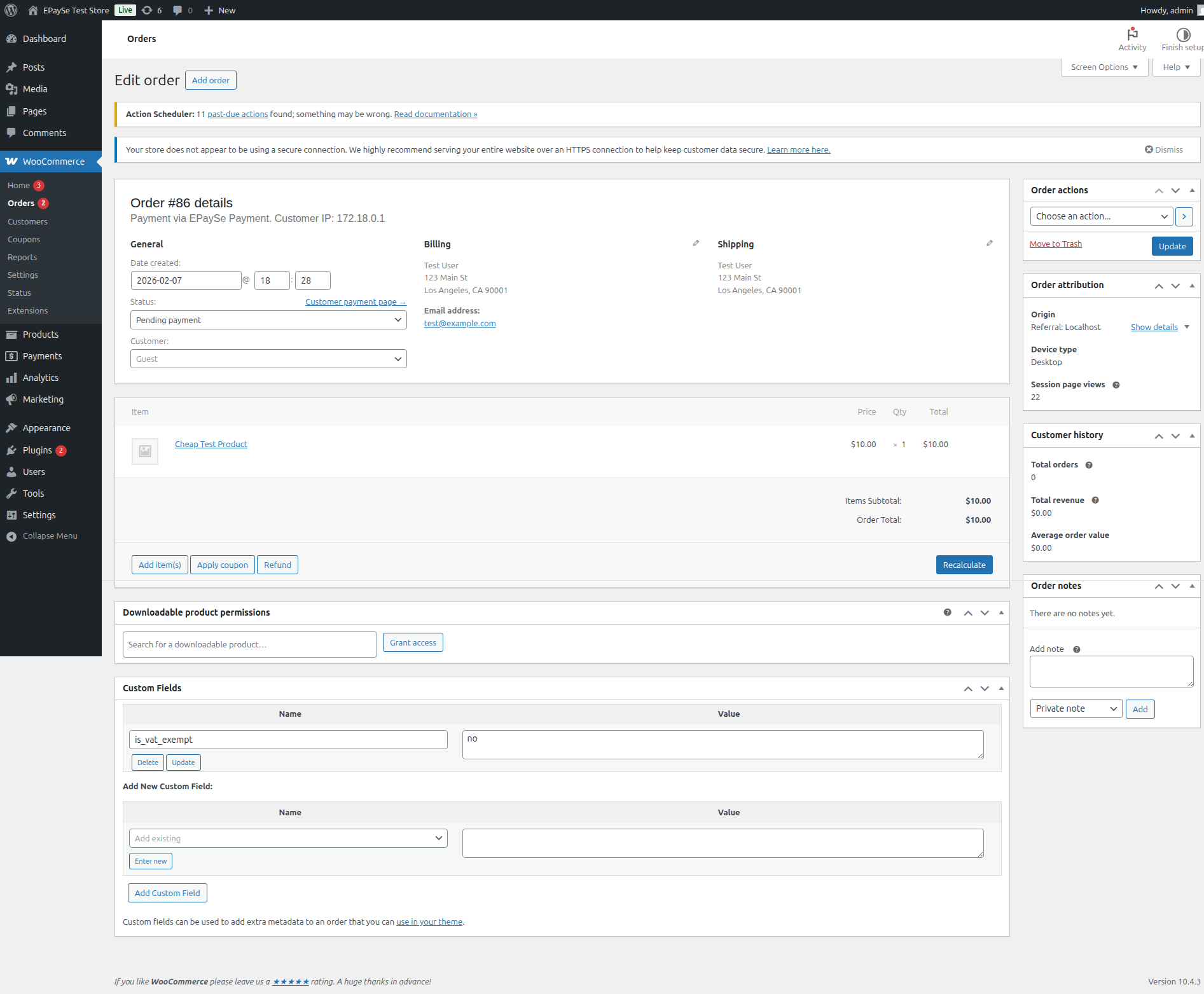 WooCommerce order detail page showing EPaySe payment information
