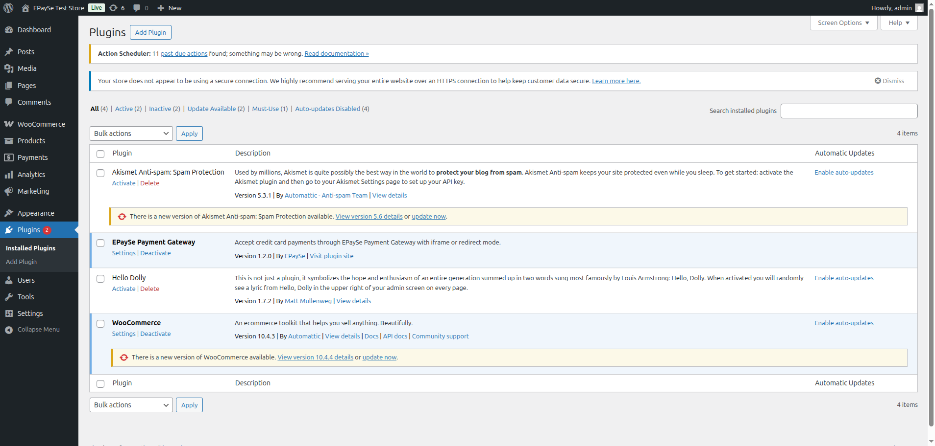 WordPress Plugins page showing EPaySe Payment Gateway active