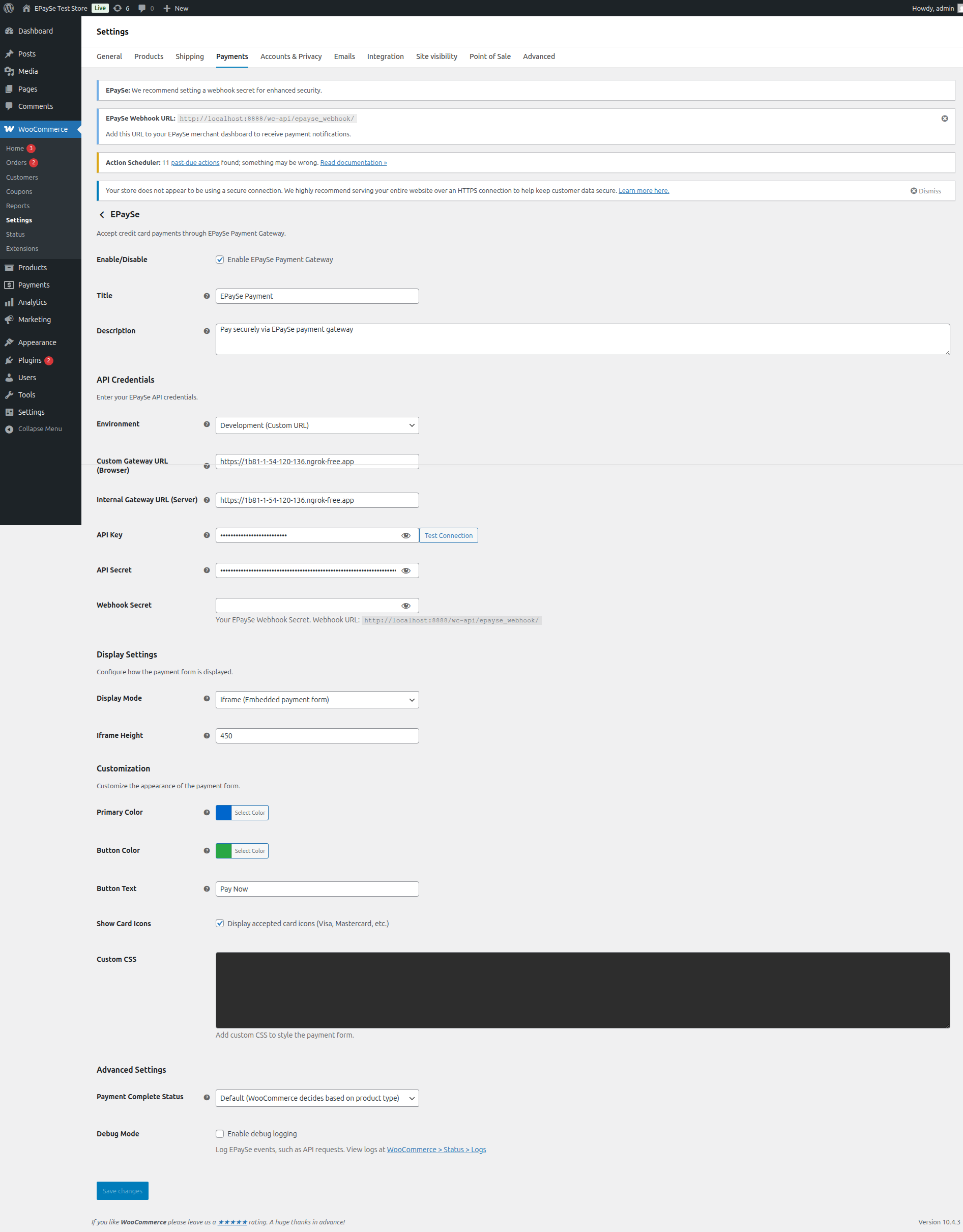 EPaySe plugin settings page showing all configuration options