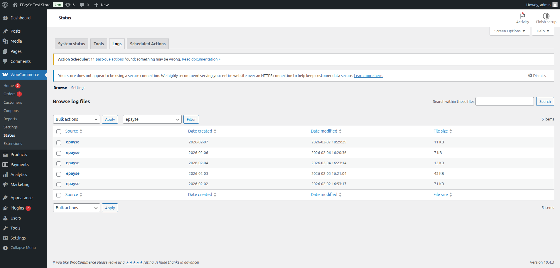 WooCommerce Logs page filtered by epayse source