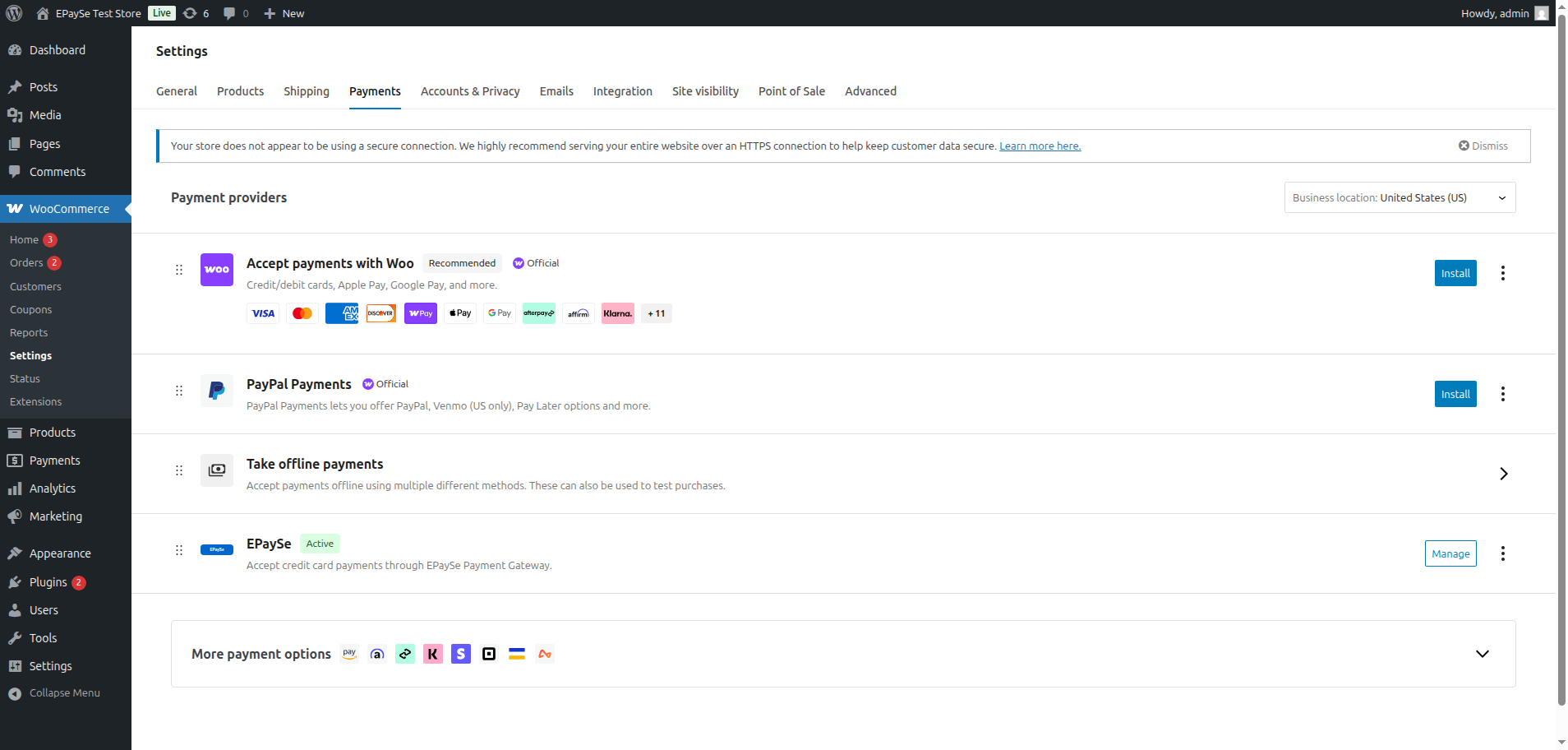 WooCommerce Payments tab showing EPaySe enabled